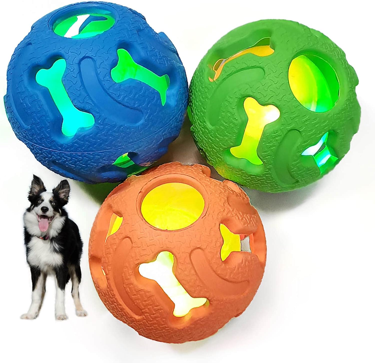 Dog Toys, 2.5" Interactive Light up Balls, Chew Toys for Medium and Small Breed, Rubber Durable Fetch Training Balls, Pet Birthday Gift, 3-Pack