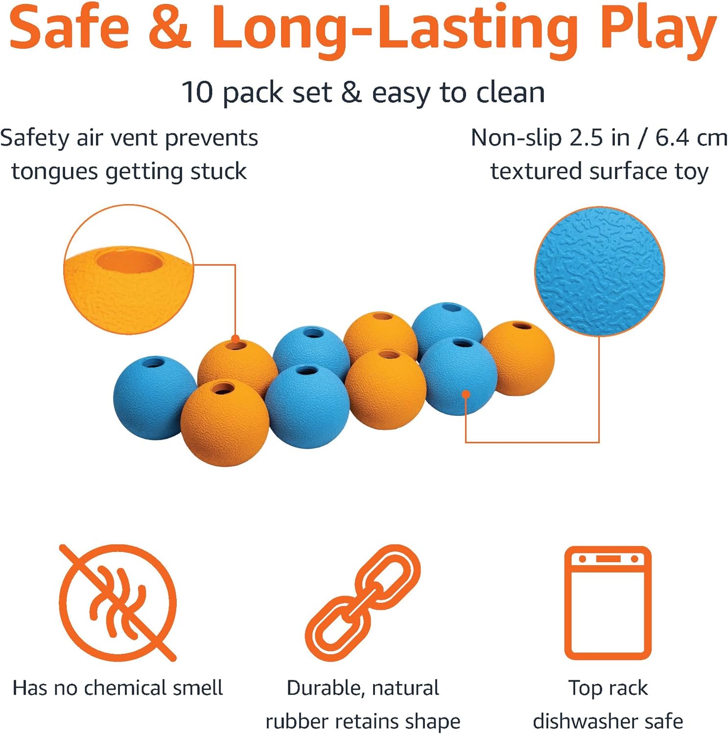 Dog Toys, Interactive Fetch Rubber Balls, (Pack of 10), 2.5 inch, Multi-Color Blue/Orange