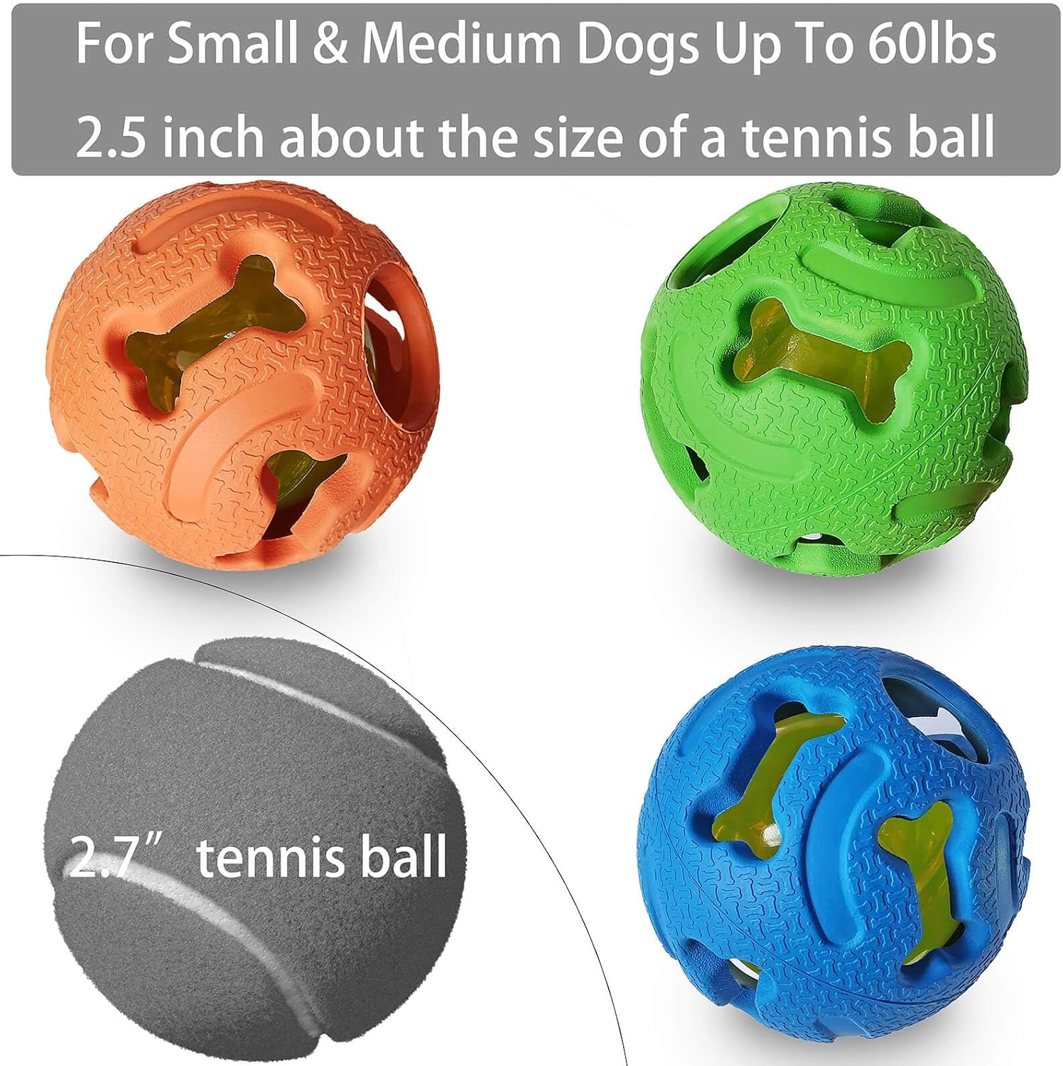 Dog Toys, 2.5" Interactive Light up Balls, Chew Toys for Medium and Small Breed, Rubber Durable Fetch Training Balls, Pet Birthday Gift, 3-Pack