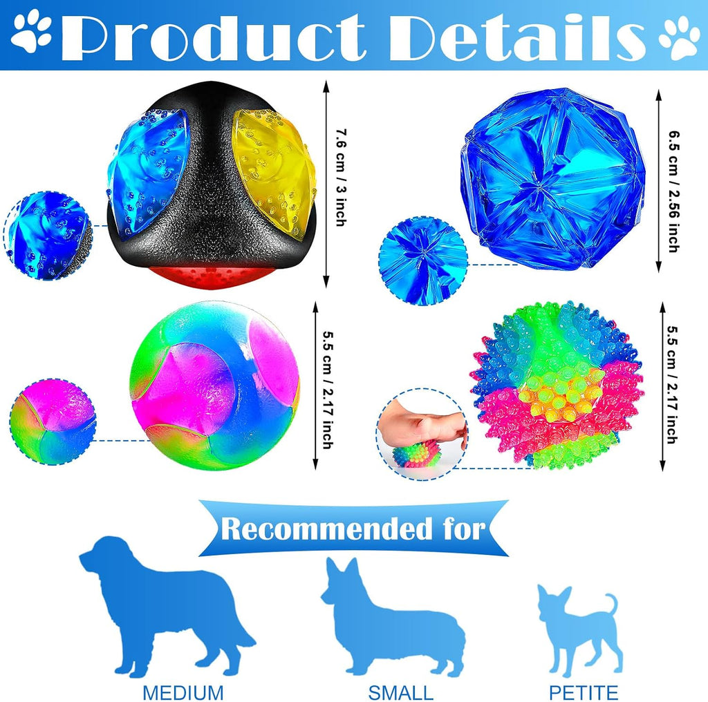 4 Pieces Light up Squeaky Dog Balls LED Flashing Light up Ball for Aggressive Chewers Glow in The Dark Flashing Ball Pet Squeaky Toy Bounce Activated Toy for Medium Small Dogs