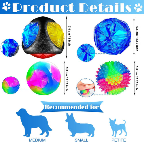 4 Pieces Light up Squeaky Dog Balls LED Flashing Light up Ball for Aggressive Chewers Glow in The Dark Flashing Ball Pet Squeaky Toy Bounce Activated Toy for Medium Small Dogs